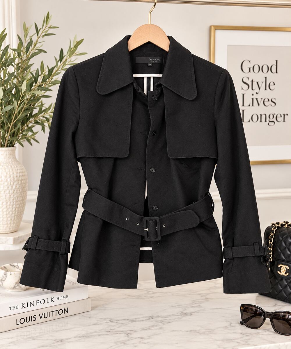 Gay Giano Black Belted Military Style Jacket Women's Sz 42 Cropped Utility Coat
